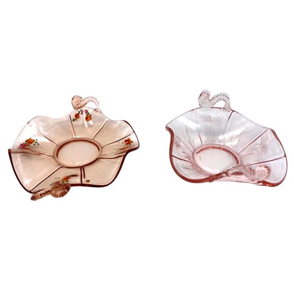 Fenton Candy Dishes 2 Items Dolphin Handles 1930s Pink Depression Cut Glass Hand - Picture 4 of 16